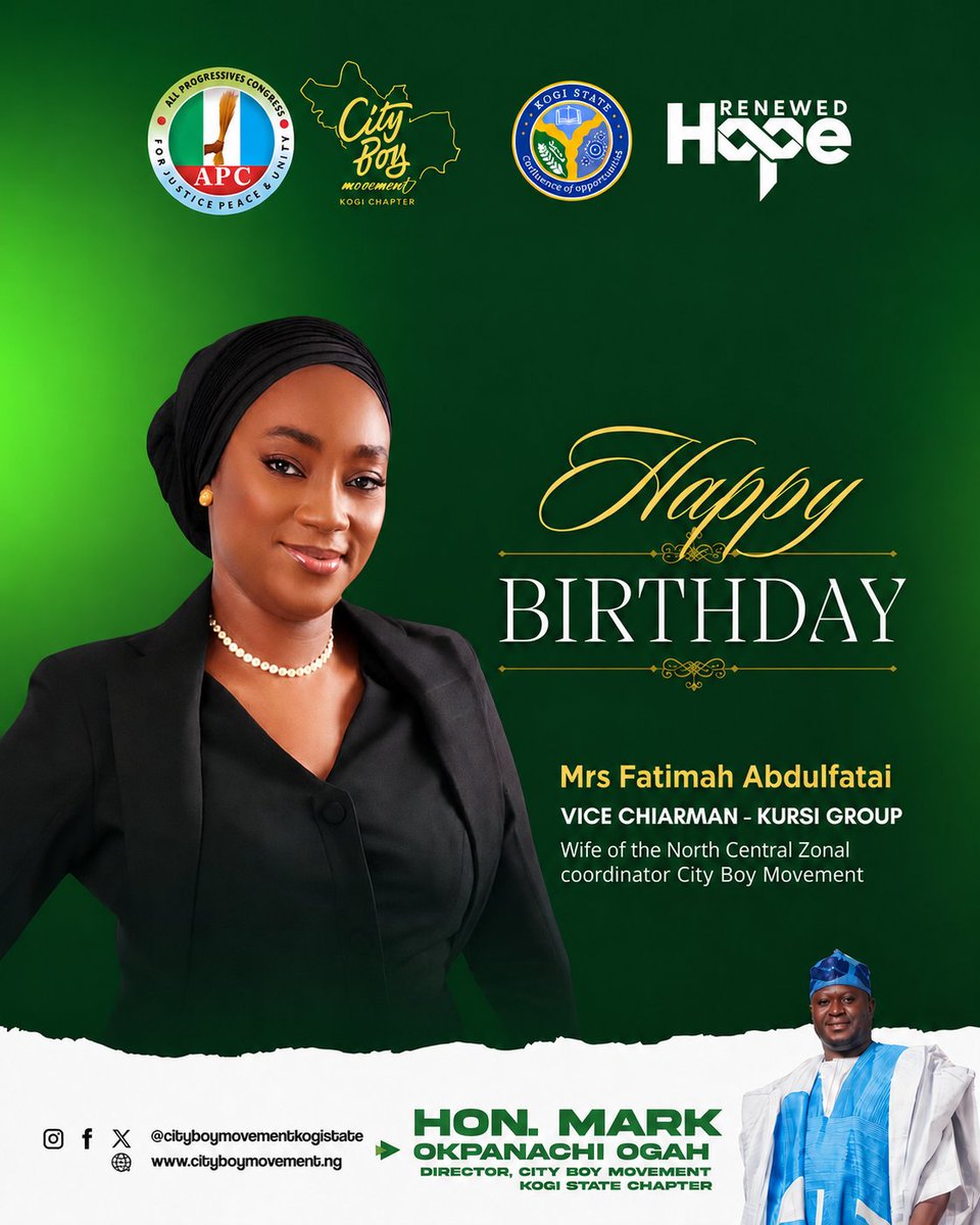 markogahGRC's tweet photo. The City Boy Movement Kogi State Chapter extends warm birthday greetings to Mrs Fatima Abdulfatai, wife of Hon Abdulfatai Yahaya, the City Boy North Central Zonal Coordinator, on the auspicious occasion of her birthday.

https://t.co/fgYbwrHM57 https://t.co/gCWrPS7Ybw