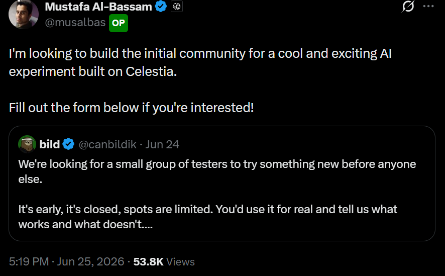 HottieBabeGem's tweet photo. If you're interested, Fill up this form. Limited Spots Only!

✅ Submit here https://t.co/IGvUfVun0p

✨ Shared by Celestia Founder. Celestia Team is cooking something new and they are looking for small group of testers. https://t.co/szOlOTIVG9