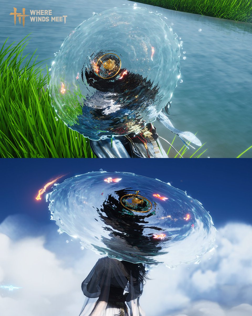 WhereWindsMeet_'s tweet photo. Gliding with a dragon's grace, it leaves shimmering ripples in its wake. As the water calms, its true essence is revealed. 
New Umbrella Appearance: Drifting Away will be live on June 29 (UTC)! https://t.co/t5syLQO1Da
