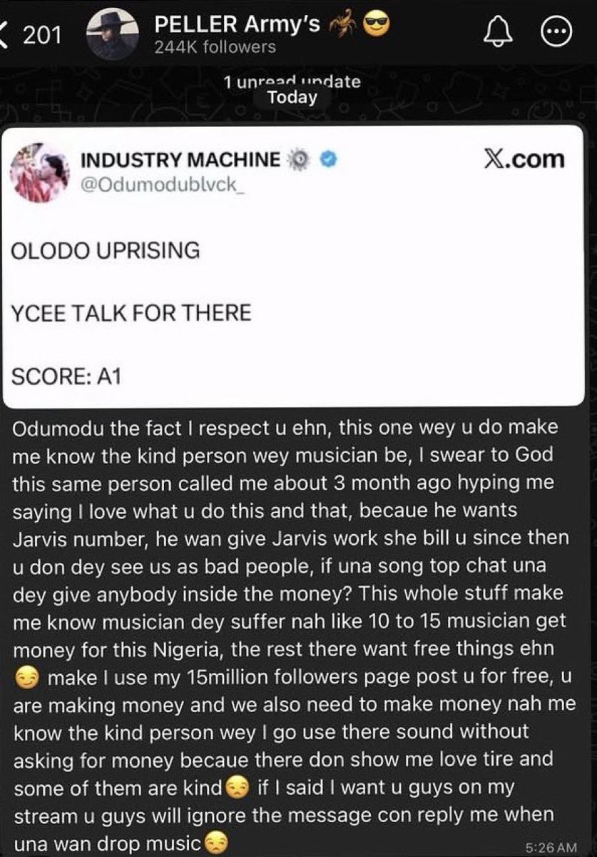 Guccistarboi's tweet photo. “Odumodu I have respect for you but this thing you just did made me realise the kind of artist you are, same you called me 3 months ago telling me you love what i do this and that because you wanted jarvis number that you want to work with jarvis, but since jarvis bill you, you con begin see us as bad people like say if una song top chart una dey give us money” 

—Peller replies odumodu