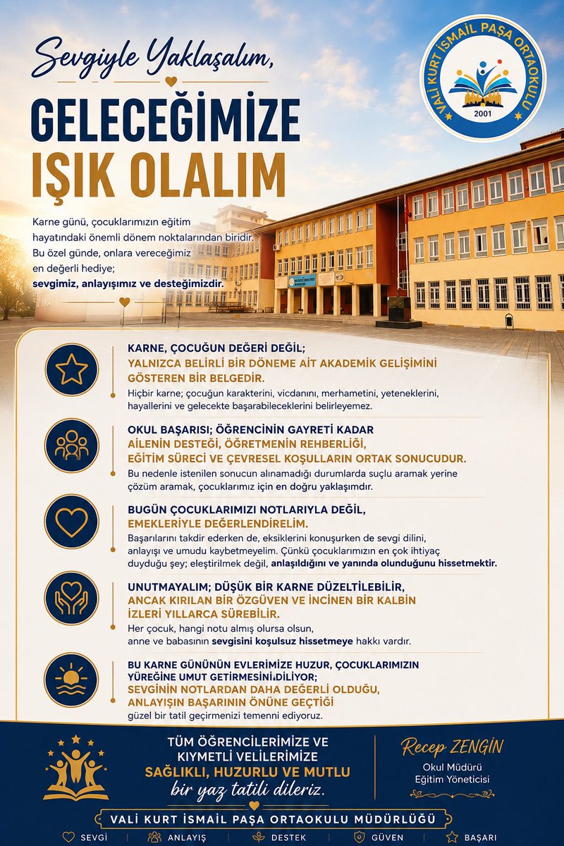ValiKurtEdu's tweet photo. Karne, çocuklarımızın değeri değil; gelişim yolculuğunun bir durağıdır.
Bu karne döneminde çocuklarımızı notlarıyla değil, emekleriyle değerlendirelim; sevgi, anlayış ve umutla yanlarında olalım.
İyi tatiller.
#Karne #Eğitim #Öğrenci #Veli #YazTatili #Diyarbakır https://t.co/yyt0hZeF0T