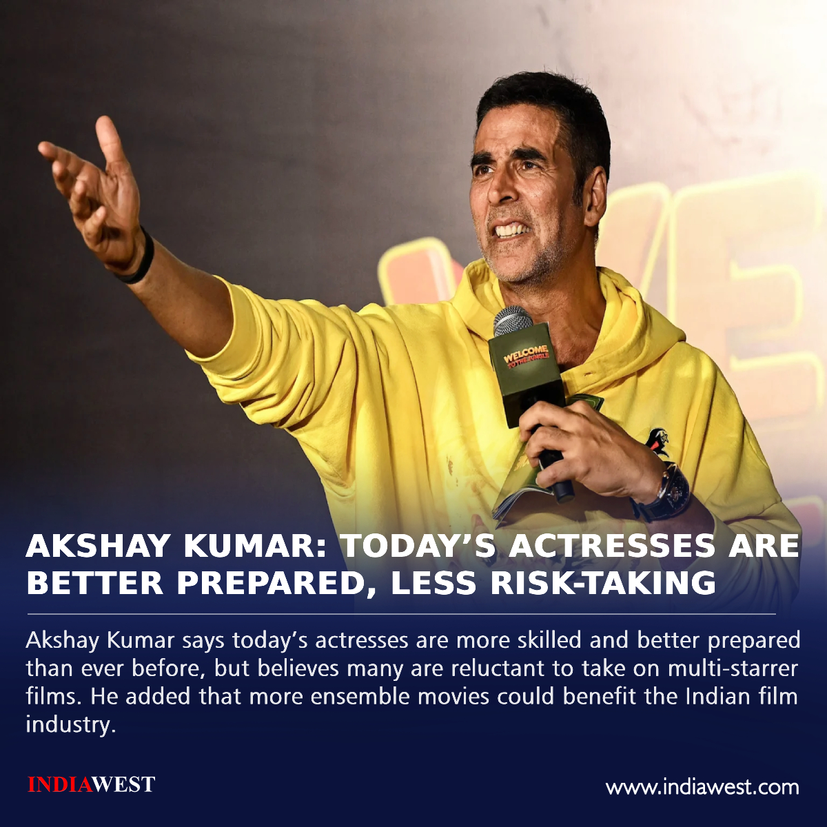 indiawestnews's tweet photo. Akshay Kumar: Today’s Actresses Are Better Prepared, Less Risk-Taking

Full Story: https://t.co/2hYrnPW8IW

#AkshayKumar #WelcomeToTheJungle #Bollywood #AhmedKhan #IndianCinema #EntertainmentNews #FilmIndustry #MultiStarrer #CelebrityNews #MovieNews #Actors #Actresses https://t.co/n2Yl5LZvx9
