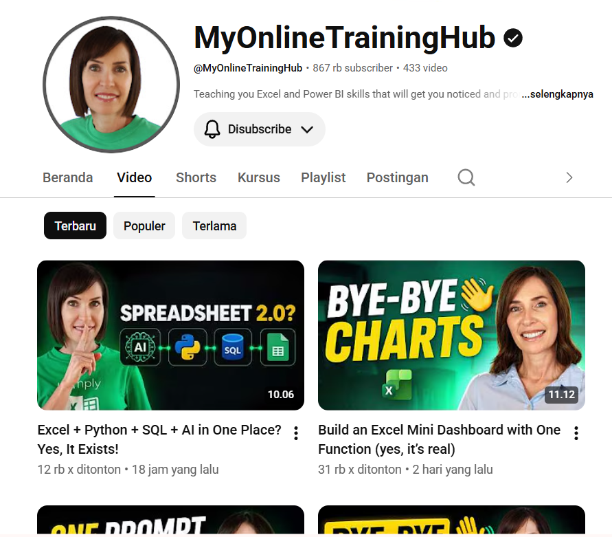soshuem's tweet photo. 📌REKOMENDASI CHANNEL YOUTUBE UNTUK UPGRADE SKILLS GRATIS 

1. Excel / Data Analyst 

- Ignasius Ryan
Excel, Power Query, dan Power BI dalam Bahasa Indonesia dengan studi kasus.

- Leila Gharani
Excel tingkat lanjut, dashboard, Power Query, dan fitur Microsoft 365.

- Mike Girvin (excelisfun)
Rumus Excel dan analisis data dijelaskan secara mendalam dari dasar hingga mahir.

- Mynda Treacy (MyOnlineTrainingHub)
Dashboard, Pivot Table, Power Query, dan Power BI untuk analisis data profesional.