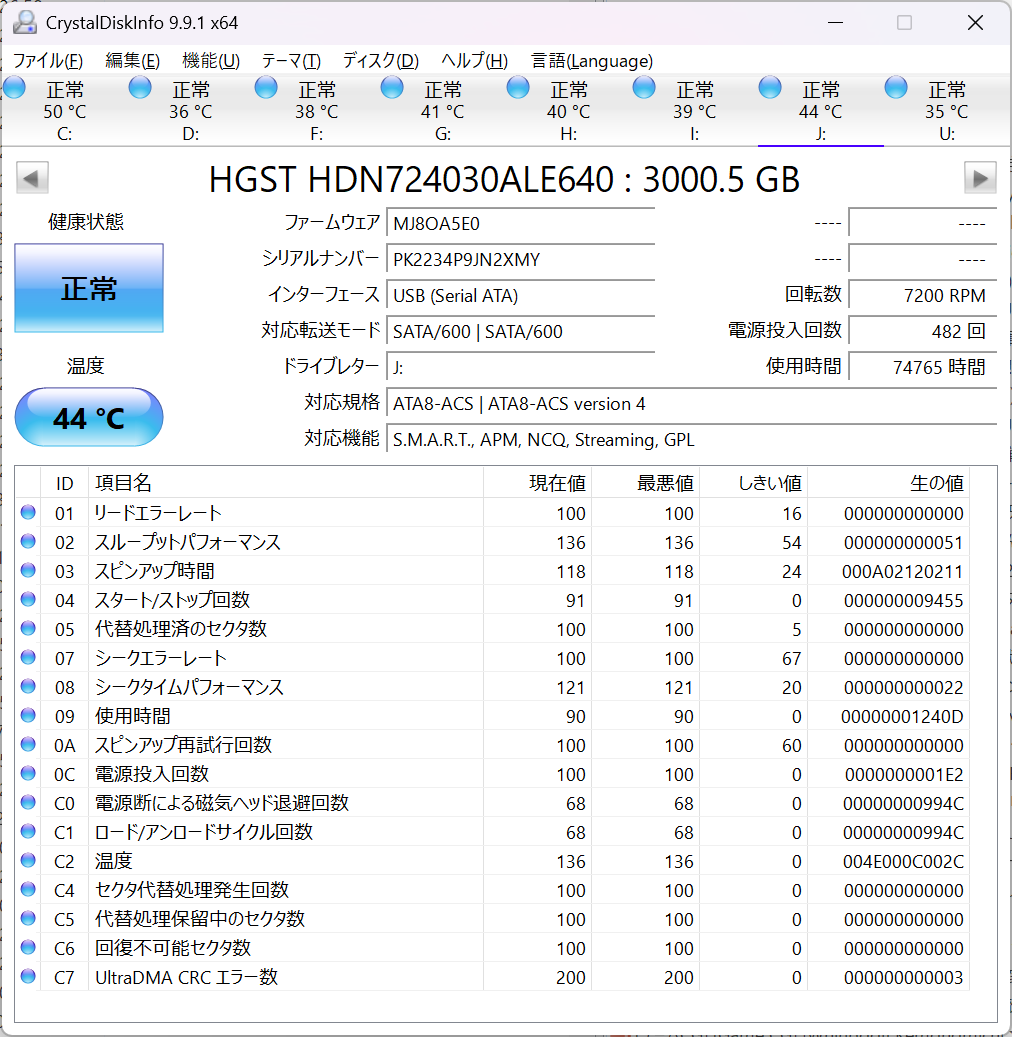 Seld's tweet photo. 裸族のマンションが��れたので、別のケースに移行しつつCrystalInfoで状況チェックしてたら・・・
75000時間かー。HGSTはよーやっとる https://t.co/jGnq1Q1sek