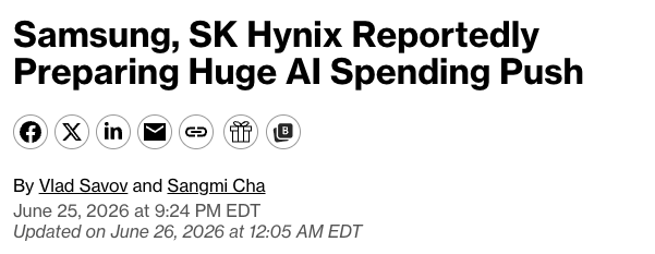 wallstengine's tweet photo. Samsung and SK Hynix are reportedly preparing huge AI investment announcements next week.

Samsung Group is expected to unveil a ~$646B, 10-year spending plan, roughly one-third of South Korea’s 🇰🇷 annual GDP. https://t.co/ng7ln95c9j