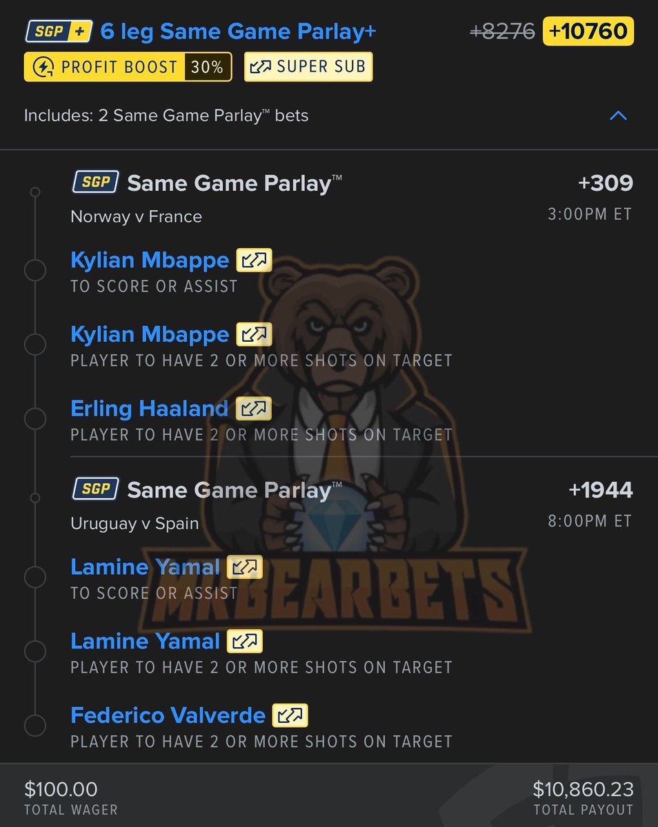 MrBearBets's tweet photo. $10,000+ Friday World Cup Parlay ⭐️

Stop overthinking it.. this one is our NUUUKE 🚀

@Playbook https://t.co/F18MMsD16V