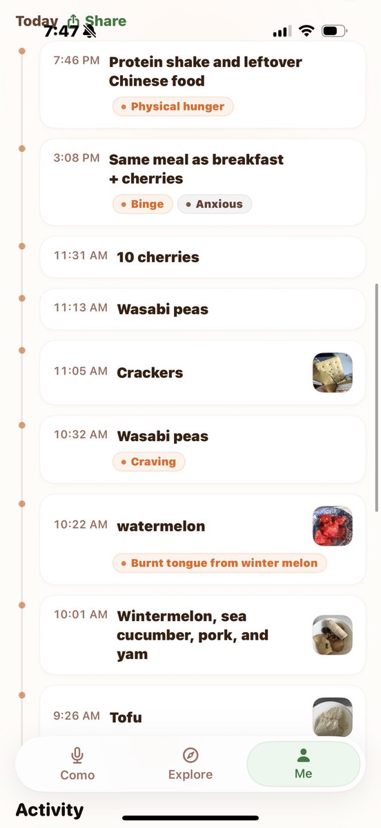 madebyeileen's tweet photo. Our little food logging feature has helped me become more conscious of what I eat and when I eat. Just taking a few seconds to log it has made my patterns so much easier to notice 😭 @trycomoapp #bingeeating #emotionaleating #buildinpublic https://t.co/6Nn6B4LxTV