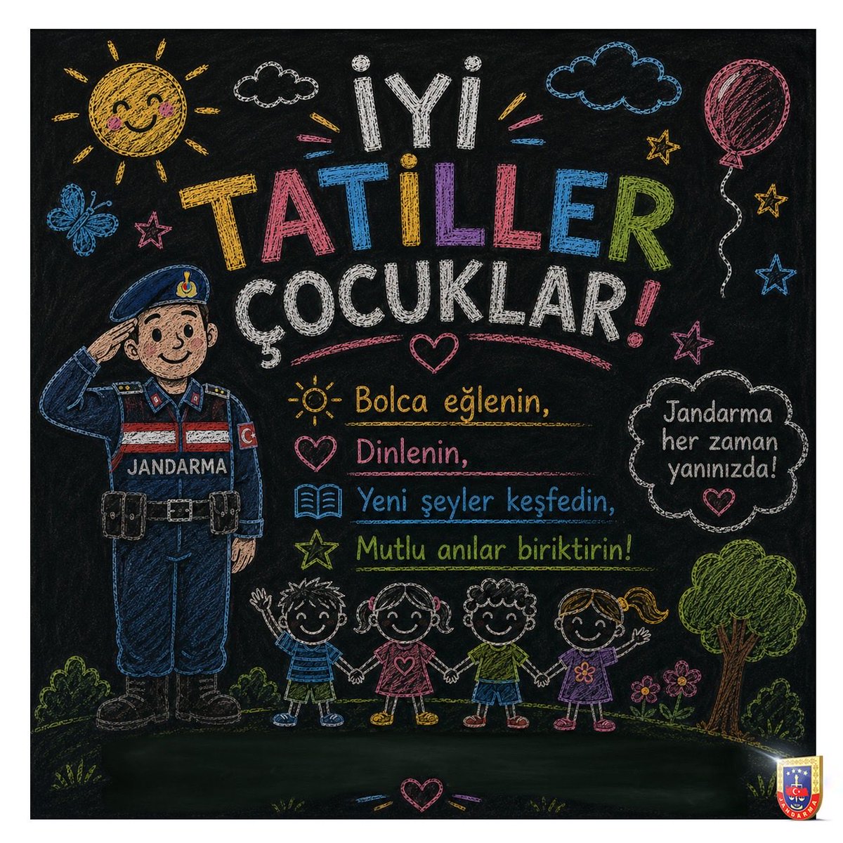 jandarma's tweet photo. İyi tatiller çocuklar! 🎒☀️

Bir eğitim öğretim yılını daha geride bıraktınız. Şimdi dinlenme, eğlenme ve yeni keşifler yapma zamanı.

Tüm öğrencilerimize; mutlu, huzurlu ve sağlıklı bir yaz tatili diliyoruz. 🌞📚 https://t.co/oOTnKbYueH