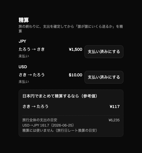 Sidori_app's tweet photo. Sidori v1.7.0 をリリースしました！🌍

✈️  海外旅行の割り勘に対応
・支出を通貨ごとに記録（円・ドル・ユーロ…）
・精算も通貨ごとにすっきり表示
・普段の通貨での概算（今日のレートでの目安）も

https://t.co/51z85TOIbA

#Sidori #旅行 #個人開発 https://t.co/h9BsBIQ84z