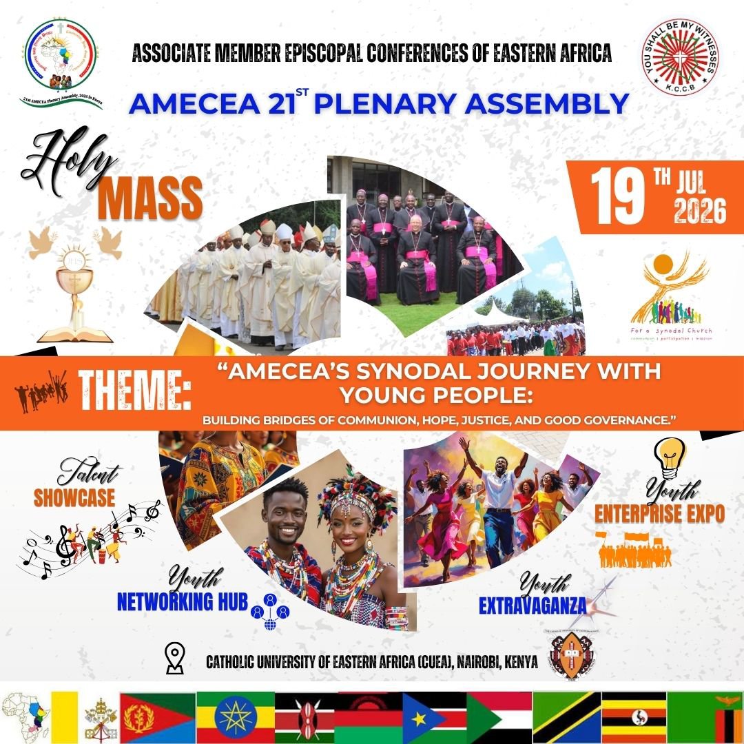 adnyeri's tweet photo. 𝐀𝐌𝐄𝐂𝐄𝐀 𝟐𝟏𝐬𝐭 𝐏𝐥𝐞𝐧𝐚𝐫𝐲 𝐀𝐬𝐬𝐞𝐦𝐛𝐥𝐲 𝟐𝟎𝟐𝟔

The Association of Member Episcopal Conferences in Eastern Africa (AMECEA) will hold its 𝟮𝟭𝘀𝘁 𝗣𝗹𝗲𝗻𝗮𝗿𝘆 𝗔𝘀𝘀𝗲𝗺𝗯𝗹𝘆 𝗮𝘁 𝘁𝗵𝗲 𝗖𝗮𝘁𝗵𝗼𝗹𝗶𝗰 𝗨𝗻𝗶𝘃𝗲𝗿𝘀𝗶𝘁𝘆 𝗼𝗳 𝗘𝗮𝘀𝘁𝗲𝗿𝗻 𝗔𝗳𝗿𝗶𝗰𝗮 (𝗖𝗨𝗘𝗔), 𝗡𝗮𝗶𝗿𝗼𝗯𝗶, 𝗞𝗲𝗻𝘆𝗮, 𝗳𝗿𝗼𝗺 𝟭𝟵𝘁𝗵 𝘁𝗼 𝟮𝟲𝘁𝗵 𝗝𝘂𝗹𝘆 𝟮𝟬𝟮𝟲.

The Assembly will officially open with the 𝗢𝗽𝗲𝗻𝗶𝗻𝗴 𝗠𝗮𝘀𝘀 𝗼𝗻 𝗦𝘂𝗻𝗱𝗮𝘆, 𝟭𝟵𝘁𝗵 𝗝𝘂𝗹𝘆 𝟮𝟬𝟮𝟲, and conclude with the Closing Mass on Sunday, 26th July 2026.

God bless 
ADN Communications Office