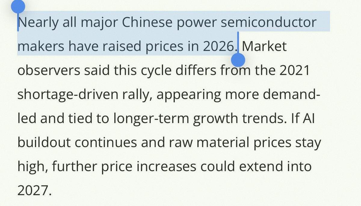 sssh0__'s tweet photo. Looks like power semiconductors are hiking prices now 🚀

Bullish for US power semi plays like $AOSL and $POWI before the 800V DC shift kicks in.

China’s Yangjie just raised prices across all products by 10-15% starting July 1. Others like Silan Micro and NCE Power have al https://t.co/tqBqa3wAxh
