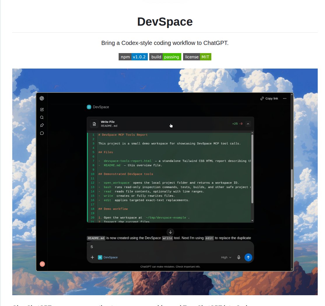 wang_hang0413's tweet photo. 如果你是衝著「Codex 額度變兩倍」去裝 DevSpace，那先幫你省時間。

DevSpace 不是 Codex 額度外掛，它做的事只是：透過 MCP，讓 ChatGPT 連到你的本機專案。所以 ChatGPT 可以讀你的 code、改檔案、跑 terminal。

但這跟 Codex 額度完全是兩件事。

Codex 不只是「模型可以看到 repo」而已。它真正有價值的地方，是背後的 coding agent harness：工作區怎麼管理、指令怎麼執行、權限怎麼控。這些東西不是你把 ChatGPT 接到本機資料夾，就會自動長出來。

如果你只是想讓 ChatGPT 幫你看 repo、��� code、跑測試，那它可以用。但如果你期待它解決 Codex quota 不夠，那你會失望。

DevSpace 要讓 ChatGPT 連到你的本機 MCP server，通常需要可被連到的 port �� public URL。公司內網、VPN、防火牆、IT policy 卡住的話，根本不一定跑得起來。

#DevSpace #Codex #ChatGPT #MCP #CodingAgent #AI開發 #開發者工具