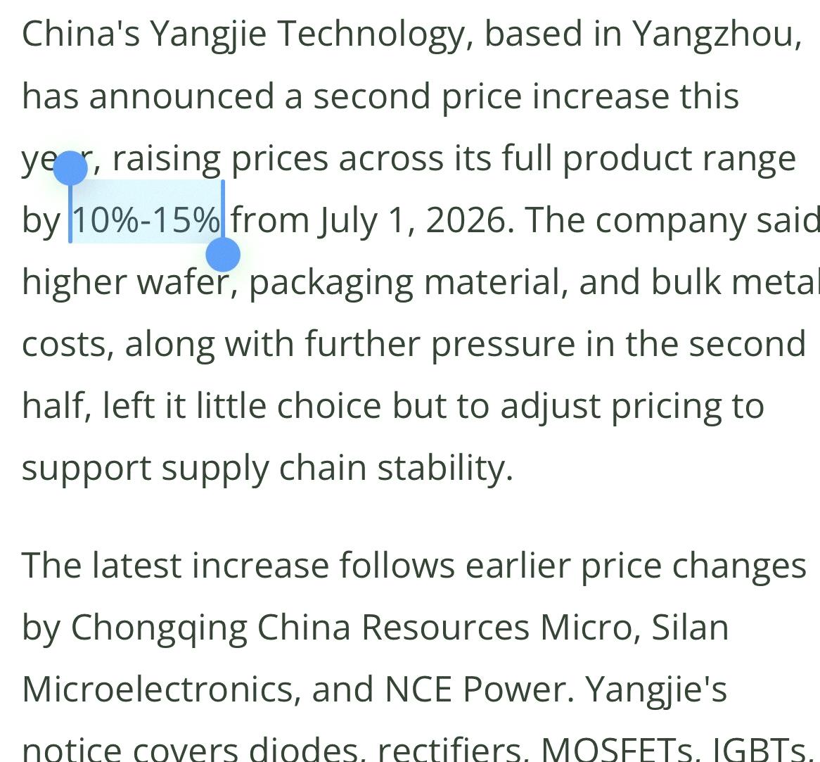 chii__0222's tweet photo. Looks like power semis are already hiking prices. Bullish for US power semi plays from $AOSL to $POWI, especially before the 800V DC shift kicks in.

China's Yangjie just raised prices 10-15% across the board starting July 1 — their 2nd hike this year. Others like CR Micro, S https://t.co/sY9eYYsjwk