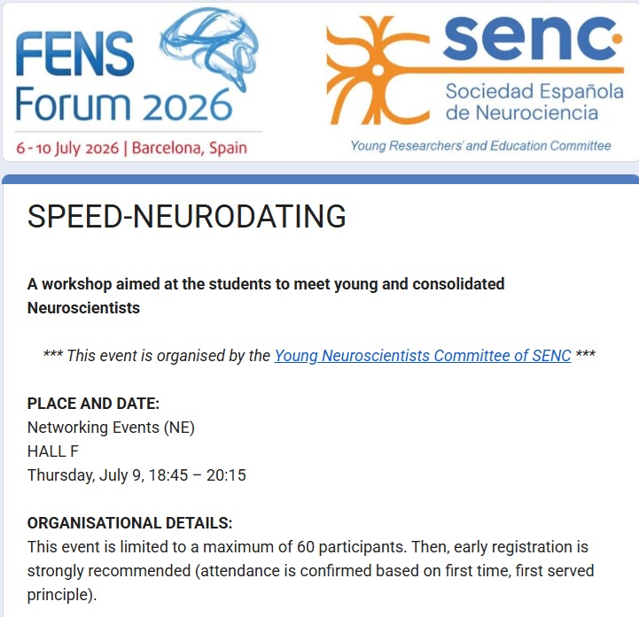 SENC_'s tweet photo. 🧠¿Asistirás al #FENS2026?  

Apúntate al #NeuroSpeedDating de #SENC: un evento de networking para que estudiantes, investigadores #predoc y #postdoc conecten con neurocientífic@s de distintas áreas y etapas 🤝

🗓️9 julio 18:45–20:15 
🖊️https://t.co/FNPQtp2oHB

@JovInvest_SENC https://t.co/Hz1FxRSl6R