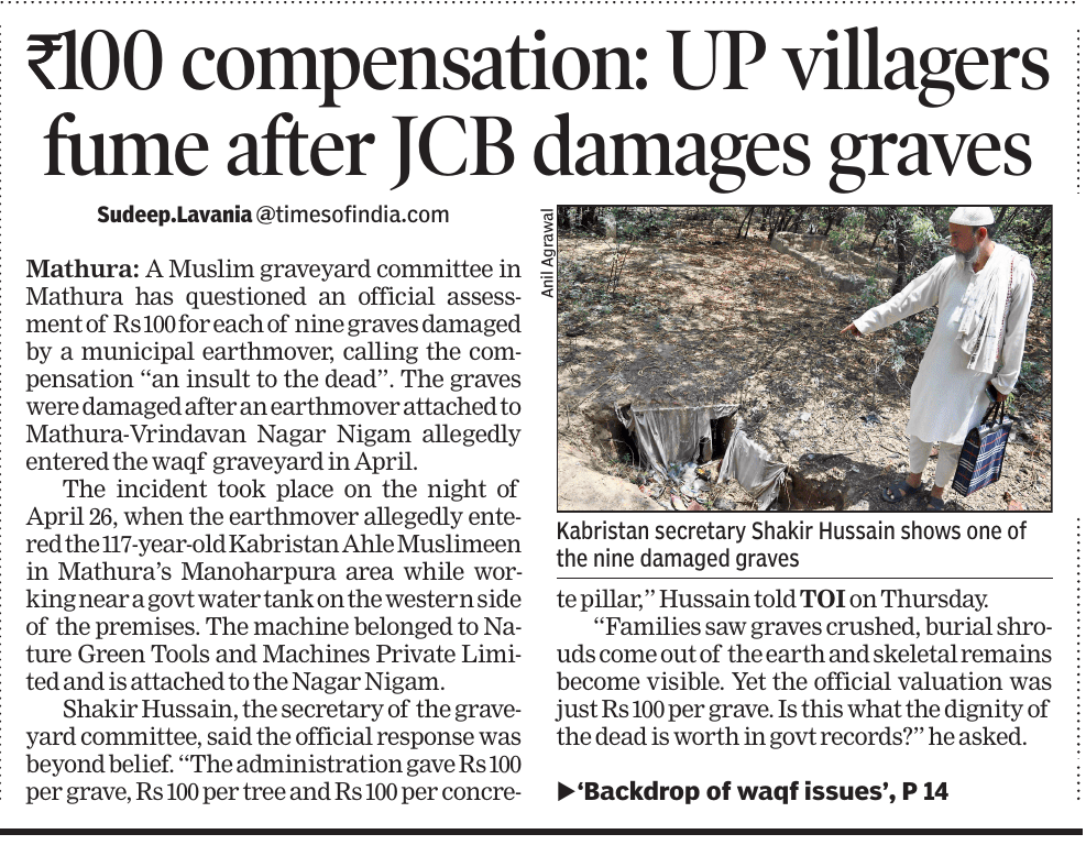 SudeeplTOI's tweet photo. Nine graves destroyed, Rs 100 offered each. Can any compensation measure the pain of families or the dignity of the departed?
@DMMathura1 @zoo_bear https://t.co/t3bBRDEZgM