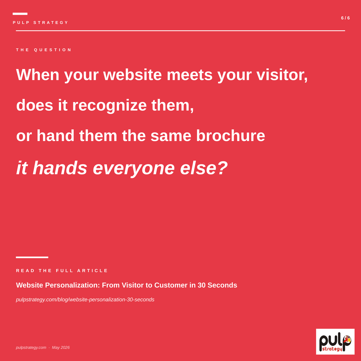 pulpstrategy's tweet photo. Enterprise personalization isn't about changing headlines.

It's about creating a decision layer that understands visitor intent, identity, behaviour, and buying stage, in real time.

That's what moves prospects forward.

More here: https://t.co/4VLVZBgkLU https://t.co/d4OZ9hntEn