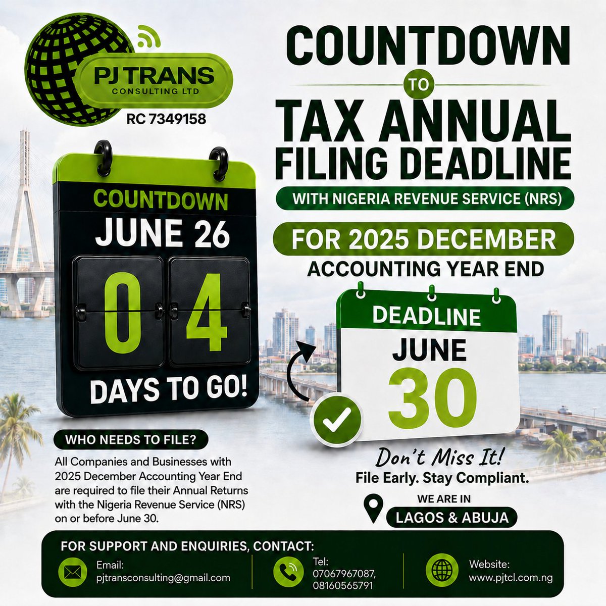 peterbamig96791's tweet photo. 4 days to go! ⏳ 
Companies with Dec 31 year-end: NRS Company Income Tax filing deadline is June 30, 2026. 
Late filing = penalties + interest. 
Get compliant now. Need  Support? Contact Us.
#FIRS #TaxFiling #CIT #NRS #NigeriaBusiness #SMENigeria #LagosBusiness #AbujaBusiness https://t.co/6nOaf4swMt