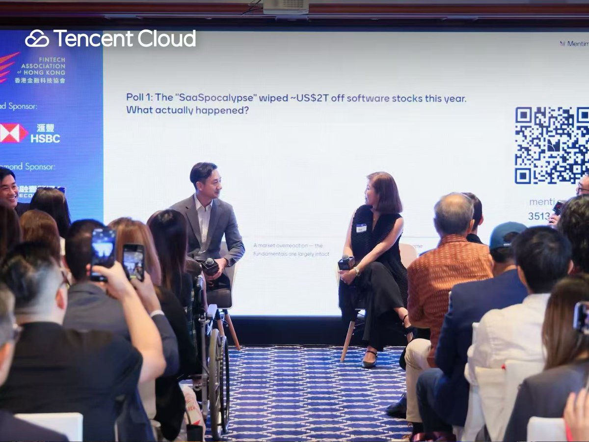 tencentcloud's tweet photo. #TencentCloud joined the GBA Summer FinTech Festival 2026 in Hong Kong on Jun 24. Hosted by the FinTech Association of Hong Kong, the event brought together leaders for cross-border collaboration & insights.

Jared Jiang, Deputy General Manager at Tencent Cloud, spoke on “Dead Software Walking: What AI Kills — and What Survives — in Finance.” With early 2026's "SaaSpocalypse" wiping roughly US$2T off traditional software stocks, the panel unpacked where the money is moving: infrastructure, proprietary data, and AI accountability.

See the highlights from the event.

#FinTech #DigitalTransformation