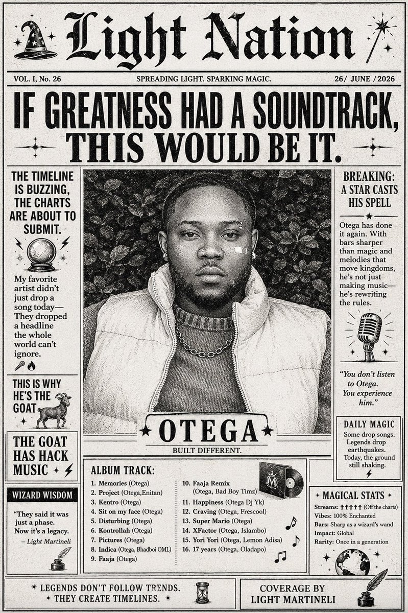 LMartineli11's tweet photo. This isn’t just another newspaper front page… it’s a celebration of an artist who’s built different. 🐐
Do you agree that Otega is one of the hardest artists in the game right now? 👀
#Otega #BuiltDifferent #LightNation #NigerianMusic #Afrobeats #NewMusic #MusicNews #GOAT https://t.co/cQ1tEtzbI7