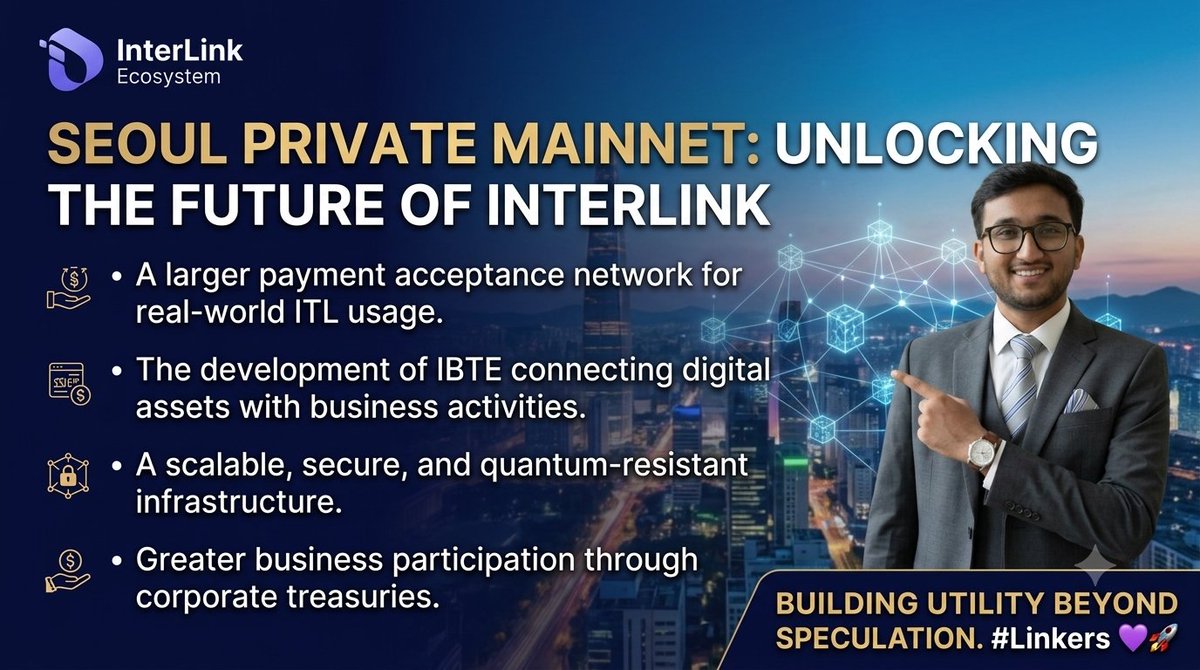 KumarShanu1019's tweet photo. Seoul Private Mainnet could unlock new opportunities for InterLink, advancing payments, business adoption, and ecosystem growth. If successfully delivered, this vision may drive greater real-world utility and long-term value.💜🚀
#InterLink #ITLG #ITL
@kv_interlink @VyxCrypto629 https://t.co/RkVyfqzrDJ