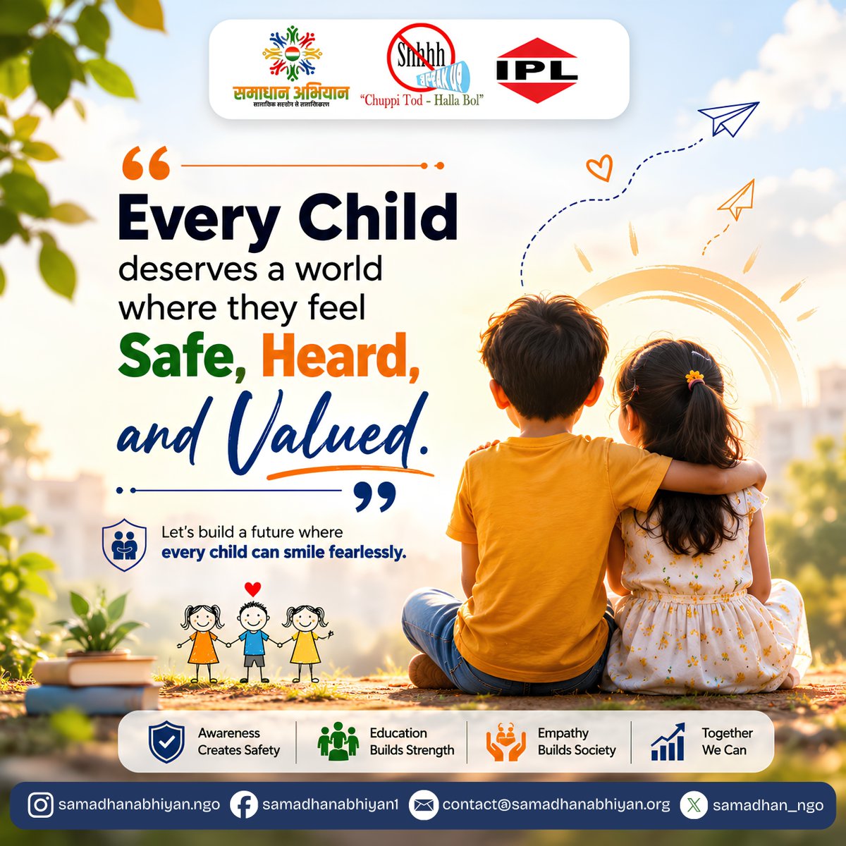 Samadhan_ngo's tweet photo. Every child deserves to grow up in a safe, supportive, and nurturing environment. Through awareness, education, and collective action, we can build a future where every child feels heard, protected, and valued. Join us in creating a safer tomorrow for every child.#SamadhanAbhiyan https://t.co/vI1GdAe3qc