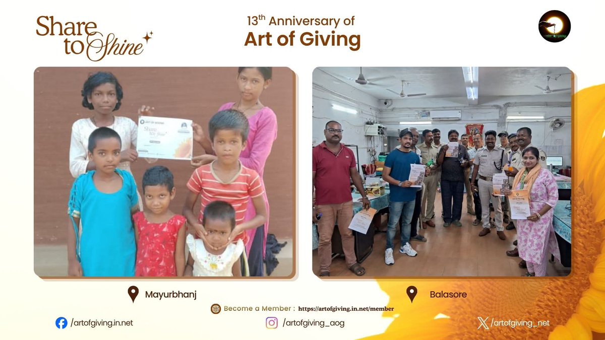 artofgiving_net's tweet photo. Marking the 13th International Day of Art of Giving, Ms. Suravi Banra, Ms. Salinee Mohapatra, Mr. Ranjan Bhoi, Mr. Saroj Kumar Mallick, Ms. Anjana Nayak, Mr. Pradeep Kumar Mandal, Ms. Rajlaxmi Lenka, Ms. Mukta Ray, Ms. Sujata Priyadarsini, Ms. Swagatika Ram, Dr. Gitanjali Biswal, Mr. Raiban Juanga, Mr. Manas Barik, Ms. Madhusmita Pani, Mr. Sangram Kishari Jena, Ms. Aparajeeta Dash, Ms. Kabita Tiwari, Ms. Rasmilata Padhi, Ms. Rojalin Tripathy, Mr. Manguli Charan Samal joined the “Share to Shine” movement at Mayurbhanj, Balasore, Koraput, Khordha, Angul, and Keonjhar, where simple gestures of sharing created meaningful moments of joy and connection. The initiative beautifully reflected the spirit of generosity and collective well-being.