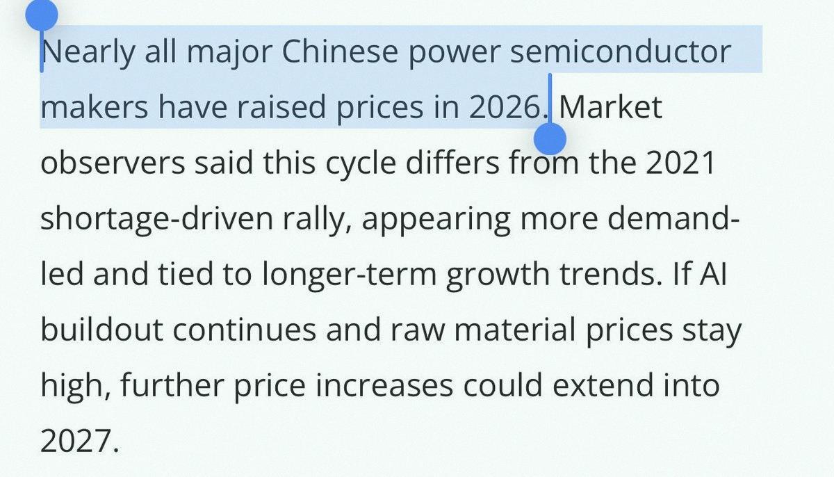 Mitzcl's tweet photo. Looks like power semi companies are hiking prices already 🚀

Alpha &amp; Omega Semi to Power Integrations could benefit before the big 800V DC shift.

China's Yangjie just raised prices across the board 10-15% starting July 1. Others like CR Micro, Silan, NCE followed suit. https://t.co/ESqnIi47QU