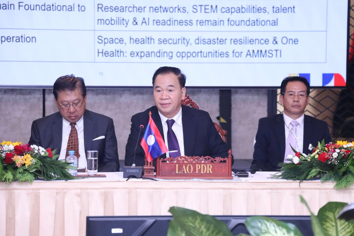 ASEAN's tweet photo. Secretary-General of ASEAN, Dr. Kao Kim Hourn, today participated in the 22nd ASEAN Ministerial Meeting on Science, Technology and Innovation (AMMSTI-22) in Vientiane, Lao PDR.
Themed “Advancing the ASEAN Plan of Action on Science, Technology and Innovation (APASTI) for a Resilient, Sustainable and Competitive ASEAN,” the meeting discussed the role of science, technology and innovation in strengthening regional resilience to address transnational and shared challenges, deepening strategic cooperation with external partners to advance shared goals and collective prosperity, and preparing ASEAN for technologies that will shape the future.
The Ministers unanimously endorsed a landmark restructuring of the ASEAN COSTI sub-committee framework from nine to five focused sub-committees, strengthening regional STI governance, enhancing strategic alignment with APASTI, and enabling impactful delivery of ASEAN STI priorities.
During his intervention, Dr. Kao Kim Hourn called for a resilient, innovative, dynamic and people-centred ASEAN, with the ASEAN Community Vision 2045 and its Strategic Plans, as well as ASEAN Plan of Action on Science, Technology and Innovation (APASTI) serving as the roadmaps.
Download the Joint Media Statement of the 22nd ASEAN Ministerial Meeting on Science, Technology and Innovation (AMMSTI-22)
https://t.co/IiEEfZWlJU
