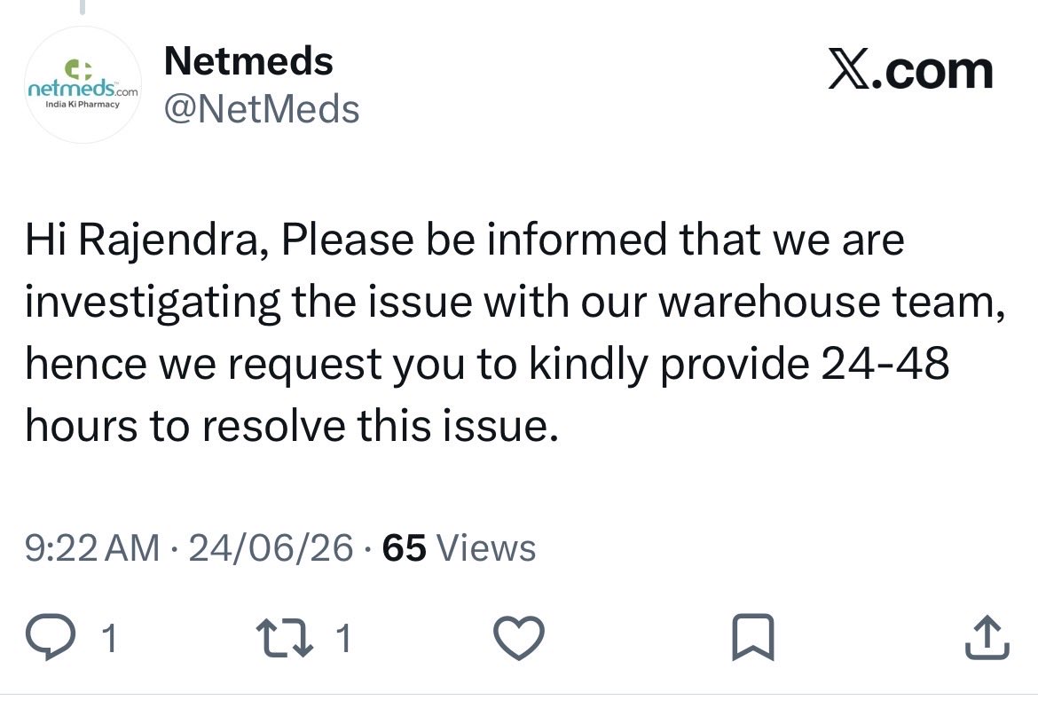 rsnhpc's tweet photo. On 24.06.2026, 9:22 AM, @NetMeds wrote to me to allow 24-48 hours to resolve my concern. 
#Ticket 781884257028.

Till writing, i have not received my due refund of returned medicine, Glyaxmbi 5/25mg Tablet 10’s qty 6.

Netmeds has all the details related to this return already. https://t.co/u8TV2OTiUQ