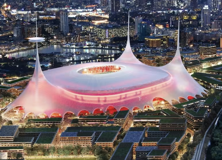 LondonBuildExpo's tweet photo. 🏟️ Manchester United has secured the land needed for its proposed 100,000-seat stadium.

Designed by Foster + Partners, the landmark venue will feature a striking tent-like design by Norman Foster and anchor the wider £2bn regeneration of the Old Trafford area.

#ConstructionNews https://t.co/qr0enBl7Cj