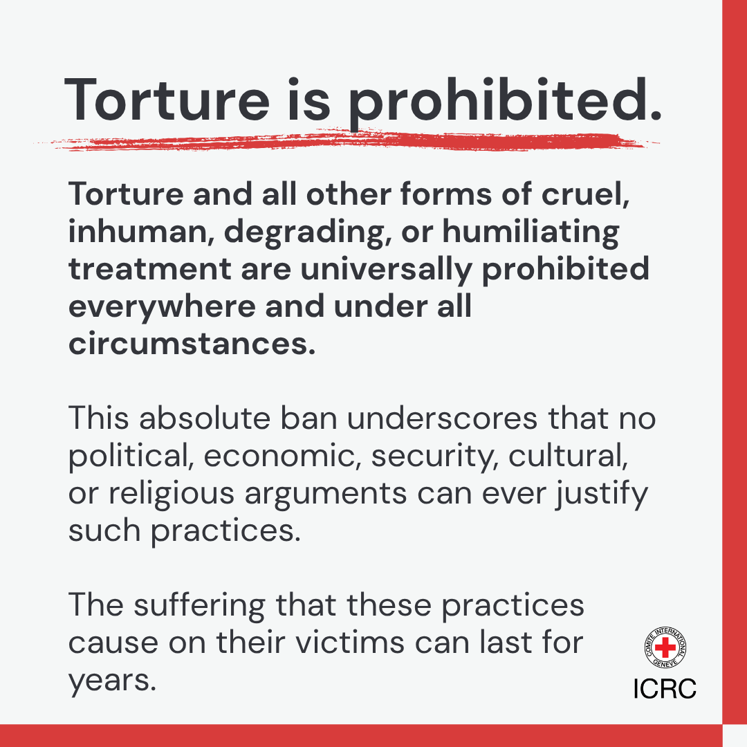 ICRC's tweet photo. No matter how. No matter who. No matter where. No matter why.

On the International Day in Support of Victims of Torture, we reaffirm that torture is never justified, never acceptable, and always illegal. Always. https://t.co/vPeKMorqcF