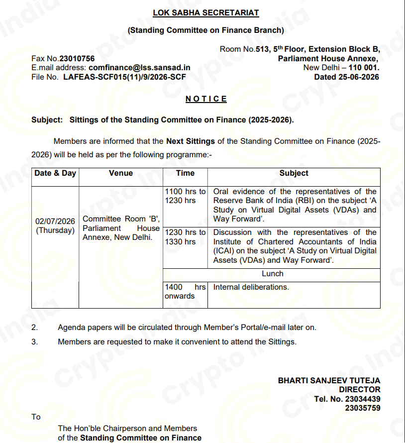 CryptooIndia's tweet photo. 🚨BREAKING: 🇮🇳 Parliamentary finance panel to meet RBI over crypto regulations on July 2 https://t.co/6pEB5AtS74