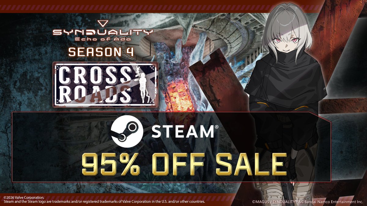 SYNDUALITY_GAME's tweet photo. ▽『SYNDUALITY Echo of Ada』Steam版95％OFFセール開催中！▽

Steam版『SYNDUALITY Echo of Ada』が「95％オフ」で購入可能な特別セールを開催！

今なら新米ドリフター応援キャンペーンでログインするだけで序盤に役立つ資源とメカがもらえる！！

『SYNDUALITY Echo of Ada』とは、
メカや装備をクラフト＆カスタマイズし、相棒メイガスと共に荒廃した地上を探索し、
資源を回収する、エクストラクションシューター！
他のプレイヤーと時にすれ違い、戦い、裏切り、共闘し、
エネミーとの戦闘やPvPでロストしたらメカやアイテムは二度と戻らない。

毎回異なる結末であなただけの物語が待っている！

”信じられるのは相棒のメイガス”だけ。

【セール期間】
2026/6/26 3:00AM ～ 2026/7/10 2:59AM (JST) (予定)
特別な95％OFFセールの機会をお見逃しなく👀

https://t.co/lAAk6hkQpE

#SYN #SYNDUALITY #シンデュアリティ