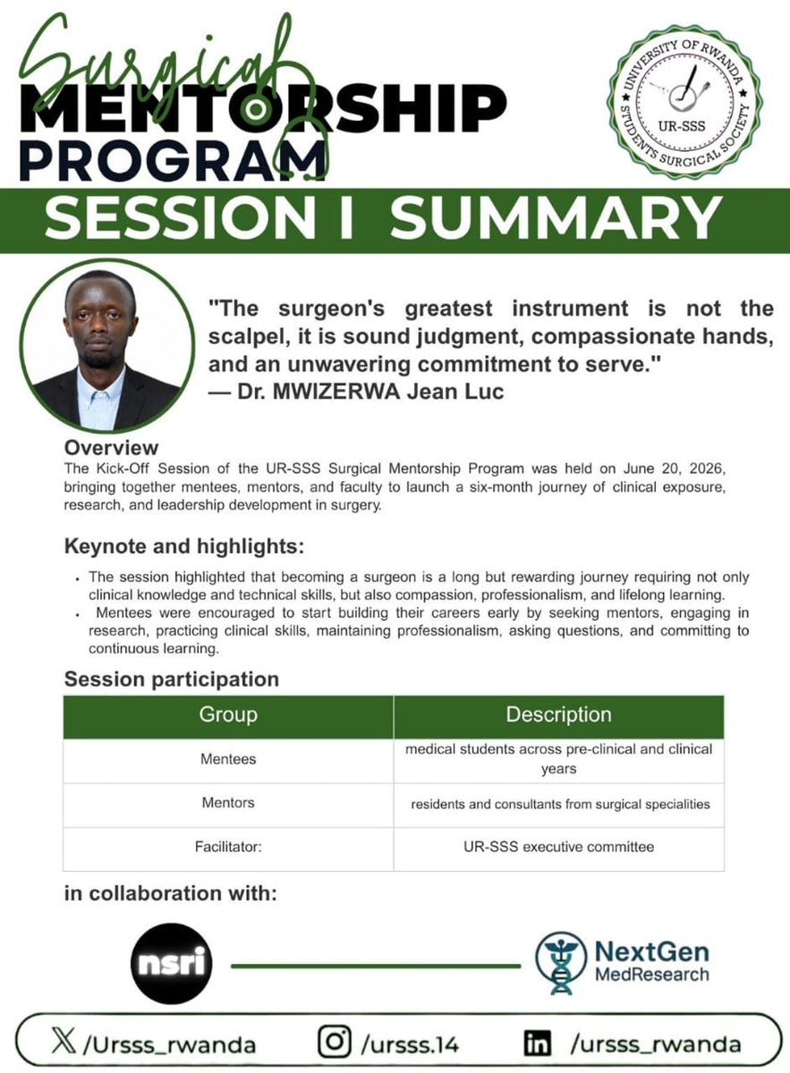 ursss_rwanda's tweet photo. “The surgeon's greatest instrument is not the scalpel, but sound judgment, compassionate hands, and an unwavering commitment to serve.” — Dr. Mwizerwa Jean-Luc

The journey has begun. 

Session I of the UR-SSS Surgical Mentorship Program officially launched a six-month journey of mentorship, research, leadership, and surgical excellence.

Together, we're shaping the next generation of compassionate, skilled, and research-driven surgeons for Rwanda and beyond. 

#URSSS #SurgicalMentorshipProgram #FutureSurgeons  #GlobalSurgery