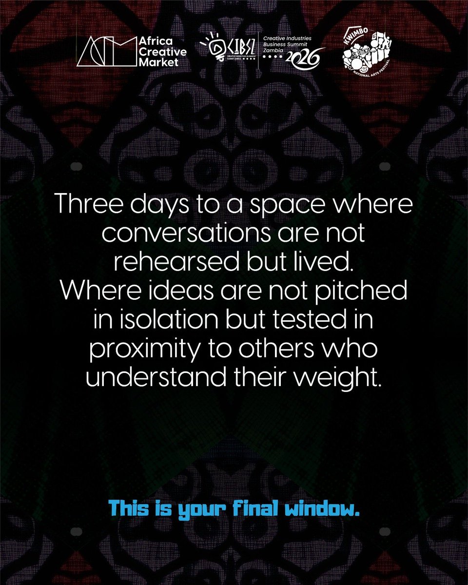 ASFoundation_'s tweet photo. 3 days to go.

Momentum is no longer building. It's arriving.

In three days, the @africacmglobal x CIBS x Kwimbo 2026 will open their doors to the thinkers, makers, investors, policymakers, and industry leaders shaping the future of Africa's creative economy.

#ACMZambia  #ASF https://t.co/gM473UXmY8