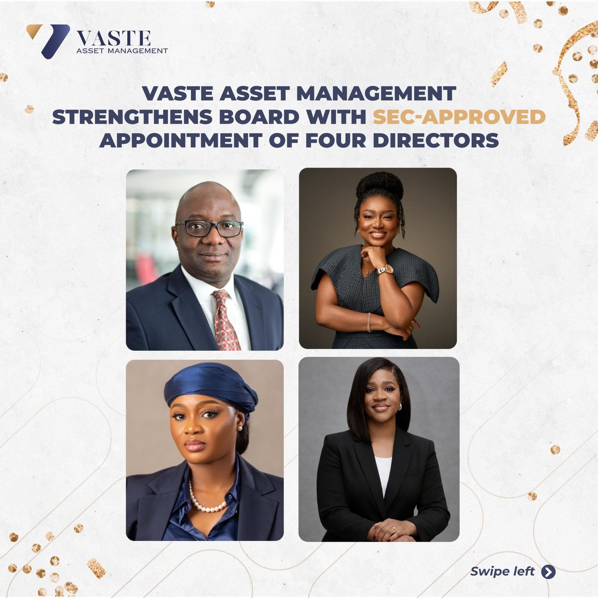 Vastewealth's tweet photo. We’re thrilled to announce SEC approval for four distinguished professionals joining our Board of Directors🎉

This strengthens our governance and commitment to delivering long-term value.

Welcome aboard! 🎯 

#VasteAssetManagement #Leadership #InvestmentManagement #secnigeria https://t.co/t4tufMQR6L
