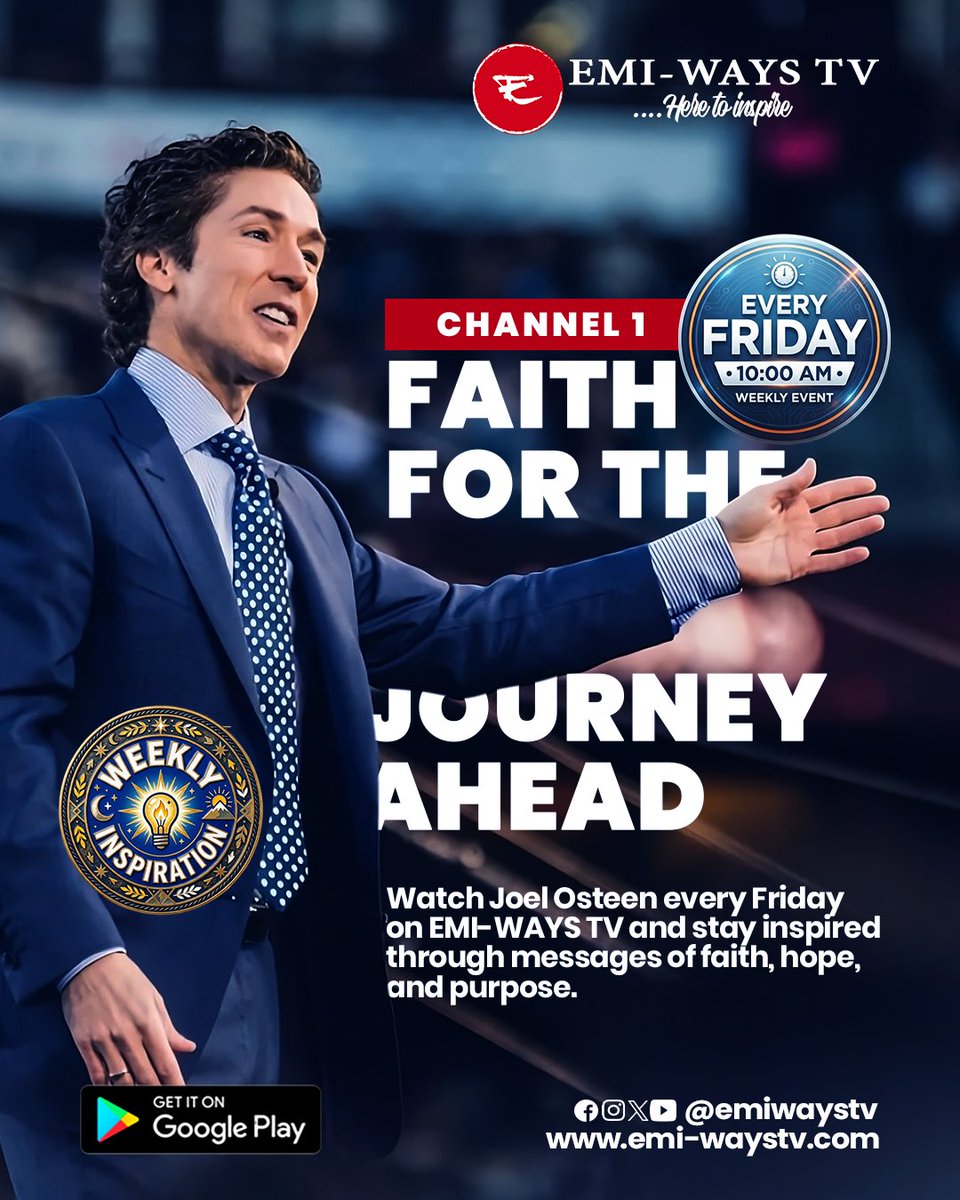 emiwaystv's tweet photo. Finish your week encouraged and inspired with uplifting messages from Joel Osteen. Strengthen your #Faith, embrace #Hope, and stay focused on God's promises through powerful #ChristianTeaching that speaks to everyday life. https://t.co/i4V35ilKe8