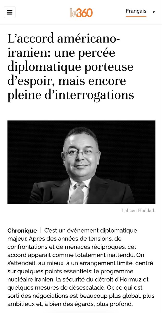 Lahcenhaddad's tweet photo. L’accord entre les États-Unis et l’Iran marque une avancée diplomatique majeure après des années de tensions. Il ouvre une fenêtre d’espoir pour la désescalade et la stabilité régionale, mais son succès dépendra de la mise en œuvre des engagements, de garanties crédibles et de la volonté politique des acteurs. Une opportunité historique, certes, mais dont l’issue reste à écrire.

https://t.co/8JU8ytpycJ