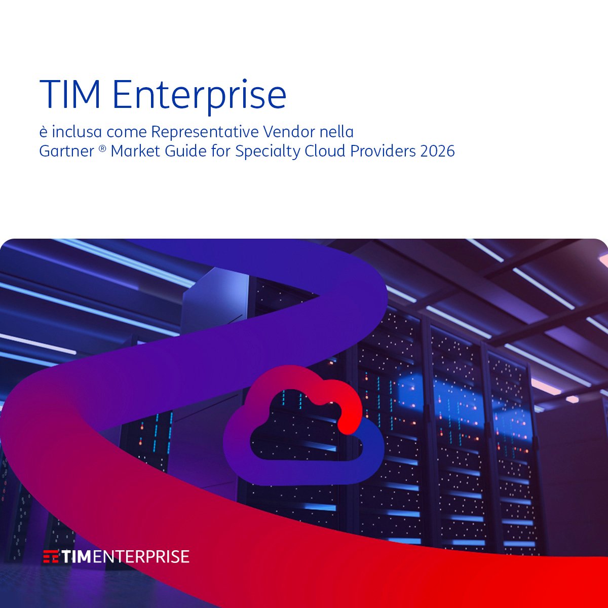 TIM_Enterprise's tweet photo. ✅ #TIMEnterprise è inclusa nella @Gartner_inc Market Guide for Specialty Cloud Providers 2026.
La categoria riconosce operatori in grado di rispondere a esigenze specifiche del mercato #Cloud, come prossimità, conformità normativa, supporto locale e capacità di elaborazione avanzate. Un riconoscimento che riflette la nostra capacità di affiancare aziende e PA offrendo servizi sicuri, innovativi e orientati alla crescita.
Continuiamo a investire in infrastrutture, competenze e soluzioni innovative per accompagnare la #DigitalTransformation del Paese.
Scopri di più su ➡️ https://t.co/Jt4FGiiIlx
#UnDomaniDaCreare #GartnerMarketGuide