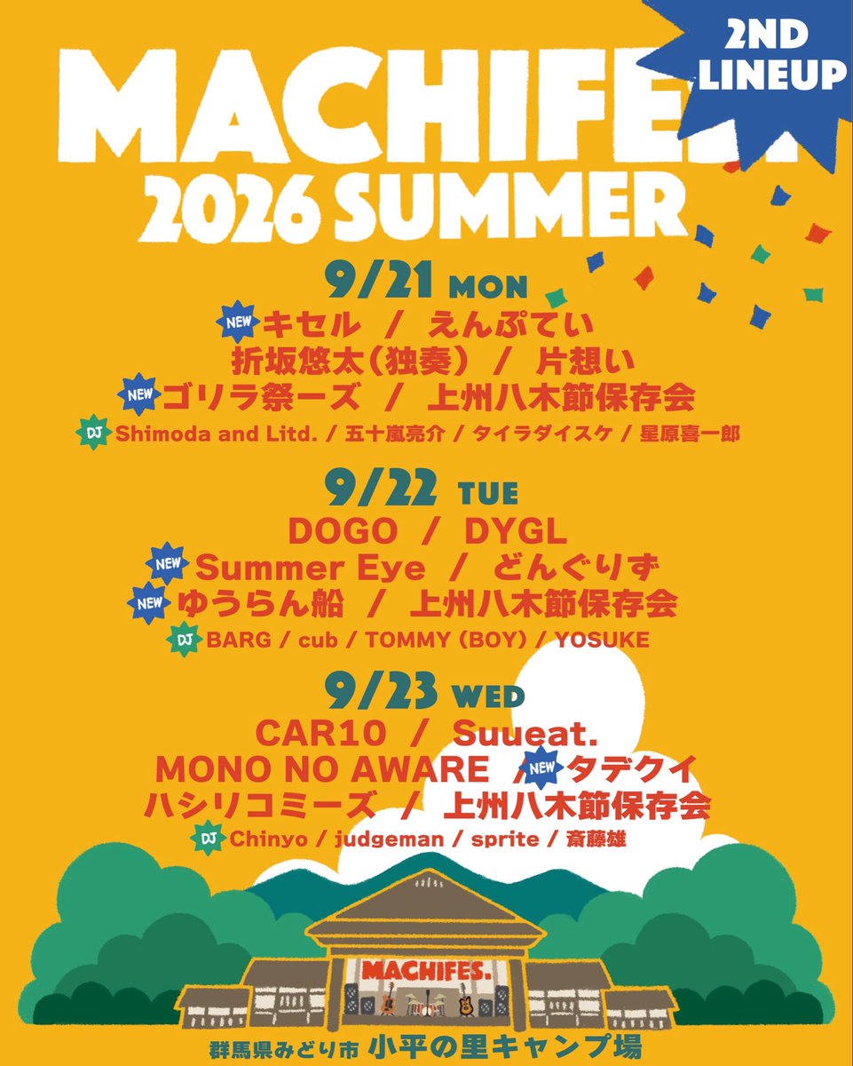 machifes_kiryu's tweet photo. ⛰️ DAY1 ⛰️
2026年9月21日(月祝)
群馬県みどり市 小平の里キャンプ場
『MACHIFES. 2026』

LIVE
えんぷてい
折坂悠太 (独奏)
片想い
キセル
ゴリラ祭ーズ
上州八木節保存会

DJ
Shimoda and Litd.
五十嵐亮介
タイラダイスケ
星原喜一郎

https://t.co/tEstJaTEXl https://t.co/HamCUBgB2g