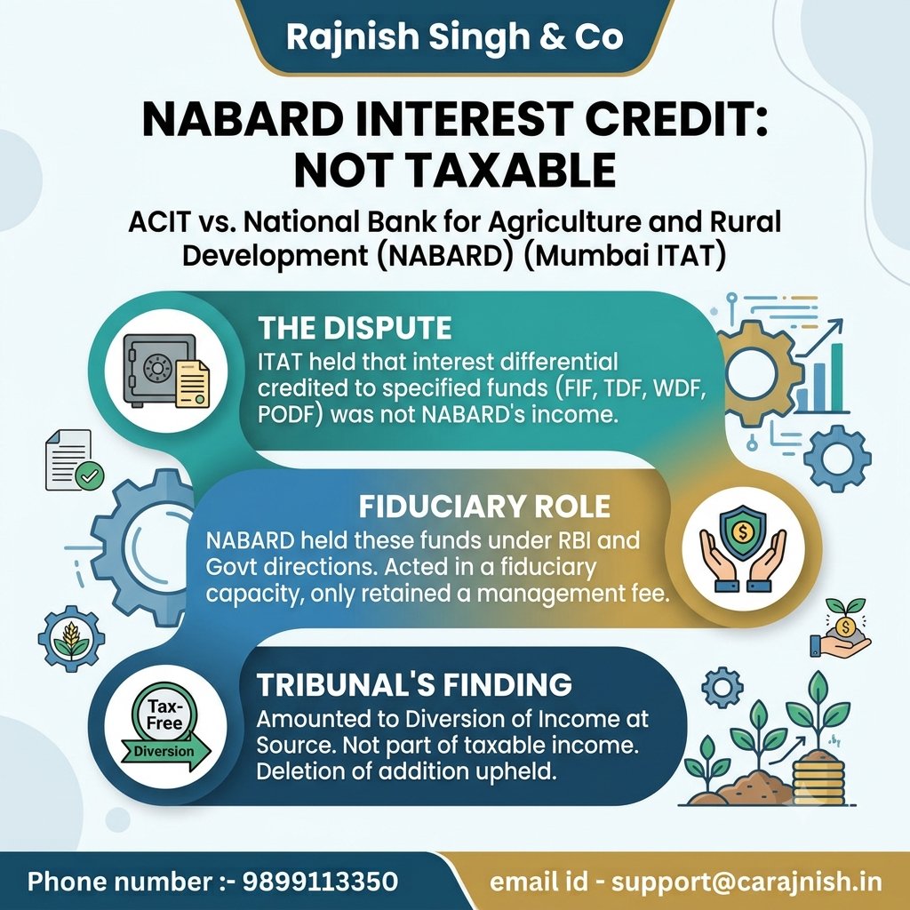 theRajnishkumar's tweet photo. ITAT held that the interest differential credited by NABARD to specified funds under RBI and Government directions was diverted at source. Since the amount never became the assessee's income, it is not taxable.

 #ITAT #NABARD #RBI #IncomeTax #TaxLaw #TaxJudgment #RSCUpdates https://t.co/rLsL3B8Y0h