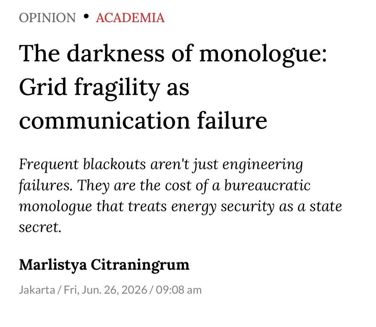 mcitraningrum's tweet photo. Op-ed pertamaku tahun ini yang ngomongin perspektif komunikasi untuk pemadaman Sumatra-Jawa 🙌🏼

The darkness of monologue: Grid fragility as communication failure 

https://t.co/gxjQmQEnnP