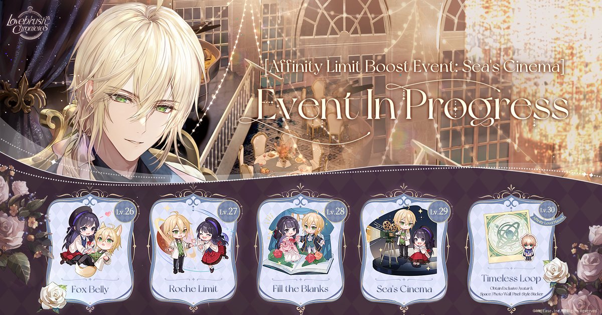 LBChronicles_EN's tweet photo. 🥂 #Alkaid's Affinity Limit Increase 🥂

Starting July 2, Alkaid's Affinity level limit increases to 30. Alkaid's Lv. 26 - 29 Affinity events will unlock, along with new Lv. 30 rewards, including Avatar and [Sticker].

From July 2 to July 9, the Affinity Limit Boost Event [Sea's Cinema] begins. Log in daily and complete quests to earn [Alkaid's Affinity Gifts], deepening your bond with Alkaid.
During the event, you can preview the first chapter of Alkaid's new Affinity Story on the event page. The rest will unlock as you reach the required Affinity level.

#LovebrushChronicles