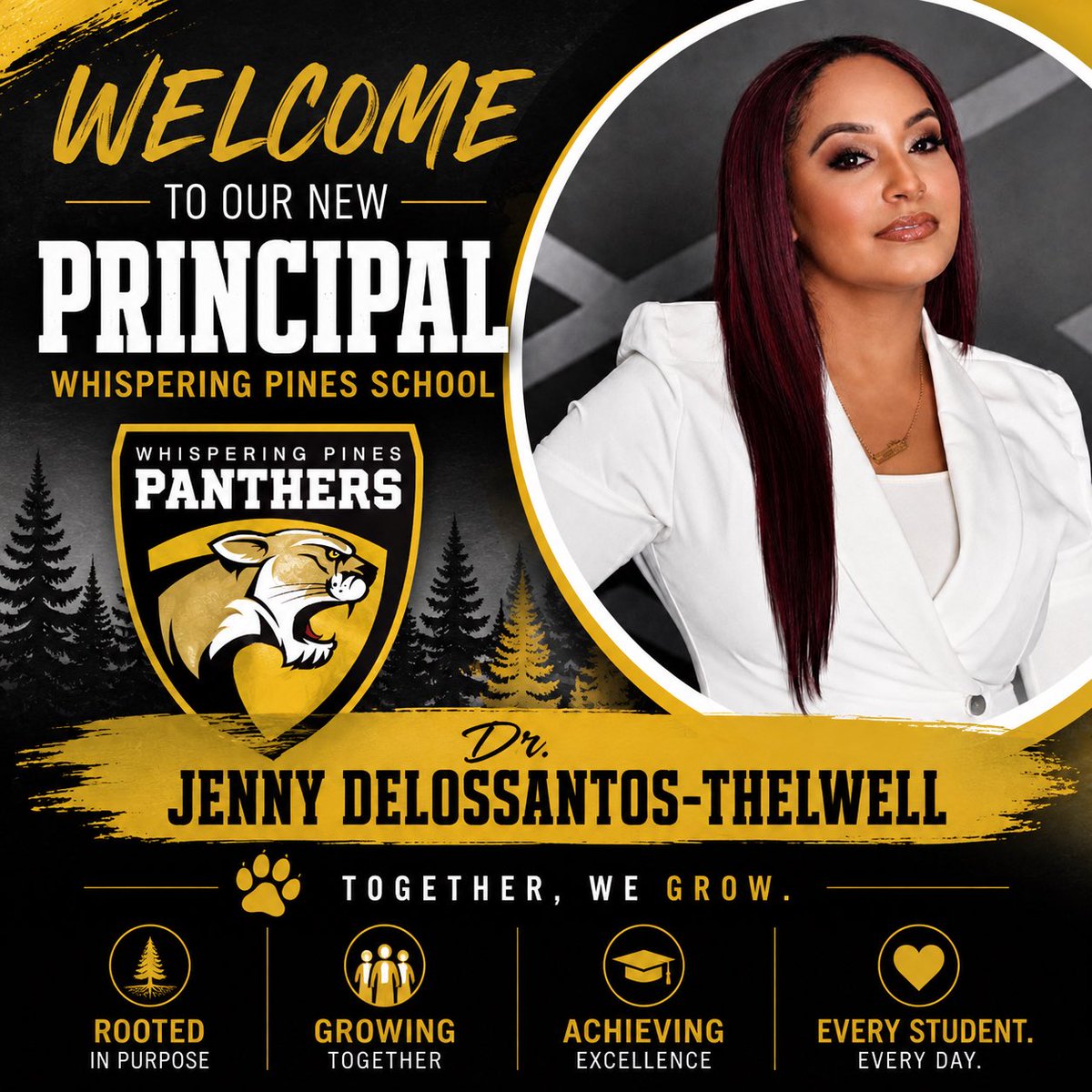 WhisperingP1nes's tweet photo. Whispering Pines School proudly welcomes Dr. Jenny DelosSantos-Thelwell as our new Principal! We are excited for this next chapter as we continue building a culture rooted in purpose, inclusion, and excellence. Together, we GROW. 🌲🐾 #PantherPride https://t.co/K7mVEgvSdm