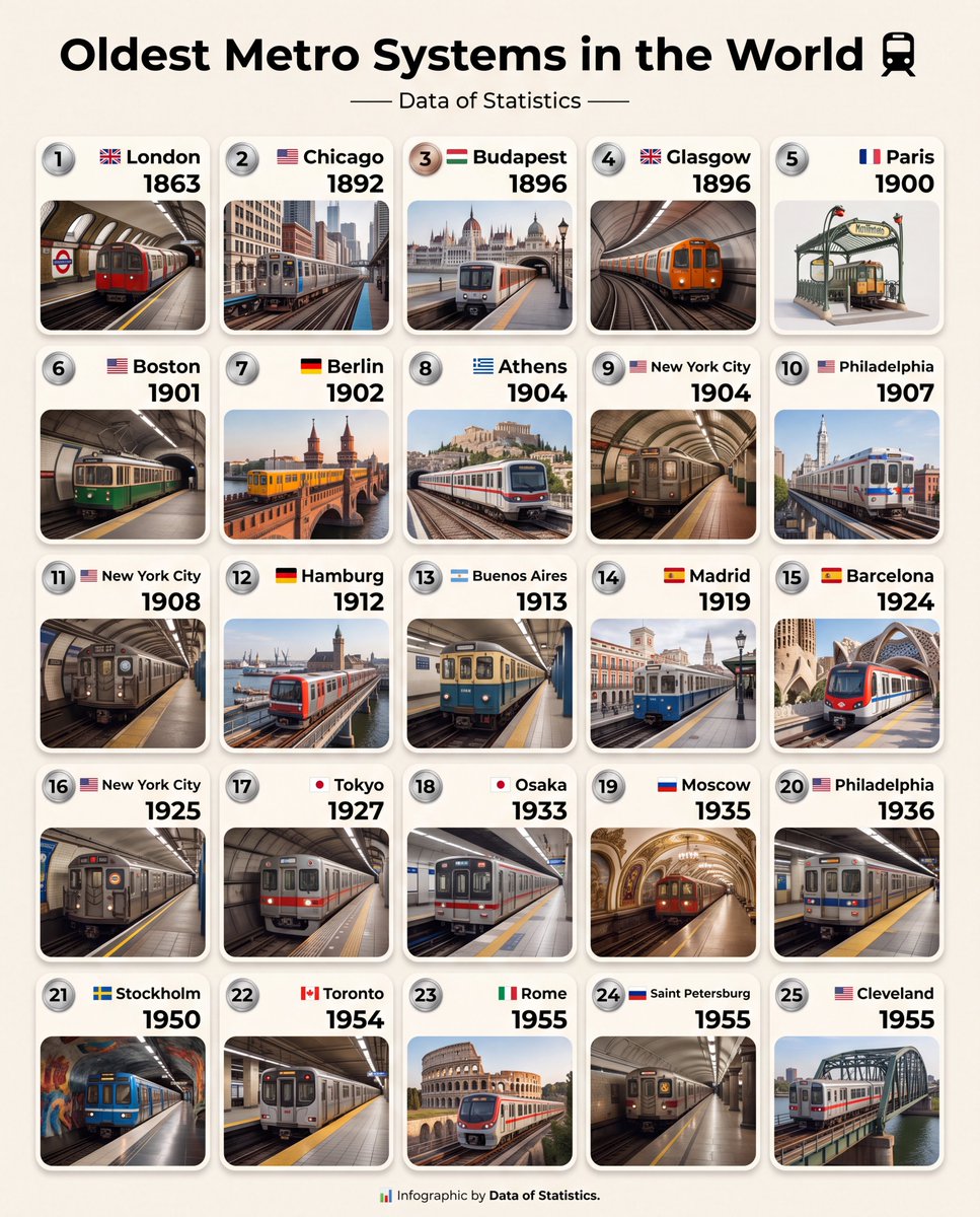 DataOfStats's tweet photo. Oldest Metro Systems in the World 🚇

1. 🇬🇧 London - 1863 
2. 🇺🇸 Chicago - 1892
3. 🇭🇺 Budapest - 1896
4. 🇬🇧 Glasgow - 1896
5. 🇫🇷 Paris - 1900
6. 🇺🇸 Boston - 1901
7. 🇩🇪 Berlin - 1902
8. 🇬🇷 Athens - 1904
9. 🇺🇸 New York City - 1904
10. 🇺🇸 Philadelphia - 1907
11. 🇺🇸 New York City - 1908
12. 🇩🇪 Hamburg - 1912
13. 🇦🇷 Buenos Aires - 1913
14. 🇪🇸 Madrid - 1919
15. 🇪🇸 Barcelona - 1924
16. 🇺🇸 New York City - 1925
17. 🇯🇵 Tokyo - 1927
18. 🇯🇵 Osaka - 1933
19. 🇷🇺 Moscow - 1935
20. 🇺🇸 Philadelphia - 1936
21. 🇸🇪 Stockholm - 1950
22. 🇨🇦 Toronto - 1954
23. 🇮🇹 Rome - 1955
24. 🇷🇺 Saint Petersburg - 1955
25. 🇺🇸 Cleveland - 1955

📊 Infographic by Data of Statistics.
