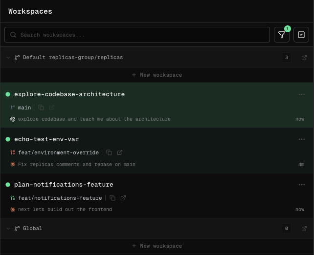 gateek_c's tweet photo. small UI/UX update. @tryreplicas workspace sidebar has a new look. Now shows
- PR status icon
- most recent message (with icon from agent provider)
- compact options menu with more actions
- how long ago the workspace was doing work
- quick links to copy branch name and access GitHub PR/GitLab MR