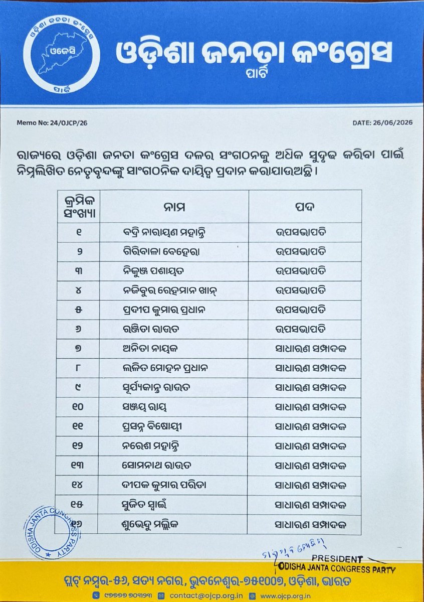ojcp_official's tweet photo. ଓଡ଼ିଶା ଜନତା କଂଗ୍ରେସ ଦଳର ସାଂଗଠନିକ ଭିତ୍ତିଭୂମିକୁ ସୁଦୃଢ଼ କରିବା ଲକ୍ଷ୍ୟରେ ଆଜି ଅନେକ ଦୃଢ଼ ନେତୃବୃନ୍ଦଙ୍କୁ ଦଳର ରାଜ୍ୟ କମିଟିର ଉପସଭାପତି, ସାଧାରଣ ସମ୍ପାଦକ ଏବଂ ସମ୍ପାଦକ ଦାୟିତ୍ୱ ପ୍ରଦାନ କରାଯାଇଛି।  
ନୂତନ ଦାୟିତ୍ୱ ପାଇଥିବା ସମସ୍ତ ନେତୃବୃନ୍ଦଙ୍କୁ ଶୁଭେଚ୍ଛା ଏବଂ ଅଭିନନ୍ଦନ। #Odisha #ojc #political https://t.co/U5klrAWStc