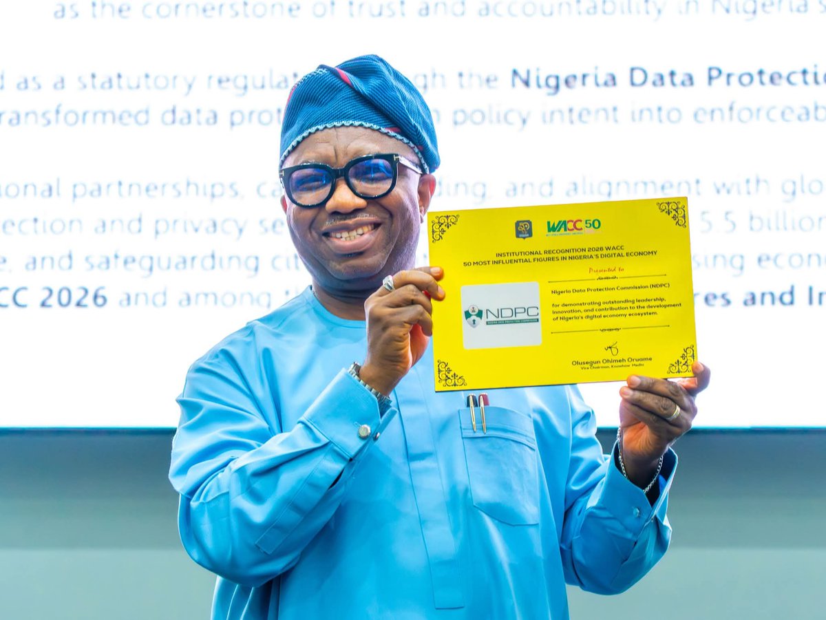 Volatunji1's tweet photo. I was honoured to deliver an Executive Regulatory Insight on, “From Awareness to Accountability: Strengthening Data Protection Compliance in Nigeria’s Digital Economy,” at the 15th West Africa Convergence Conference (WACC) in Lagos.

I want to commend the organisers of WACC for their consistency in convening industry leaders, policymakers, regulators, and stakeholders to engage on issues that are critical to the growth and sustainability of Nigeria’s digital economy.

In my presentation, I highlighted the scale and impact of the digital economy, the growing importance of data protection and privacy, and the evolving data protection landscape in Nigeria. I emphasised that trust remains the foundation of a thriving digital ecosystem, and that building and sustaining this trust requires a collective commitment to data protection compliance and accountability.

I also shared some of the key initiatives of the Nigeria Data Protection Commission (NDPC) aimed at deepening awareness and compliance, including the Digital Privacy Awareness Campaign (DPAC), the translation of the Nigeria Data Protection Act, 2023 (NDP Act) into Nigeria’s three major indigenous languages, and the issuance of the General Application and Implementation Directive (GAID) to provide practical guidance for implementation.

As we continue to strengthen Nigeria’s digital economy, it is imperative that data controllers and processors uphold their duty of care and embrace accountability as a core principle. Every stakeholder within the digital ecosystem has a responsibility to ensure compliance with the NDP Act.

Looking ahead, our focus remains on strengthening enforcement, deepening sectoral compliance, expanding capacity-building initiatives, and sustaining awareness on both the benefits of compliance and the consequences of non-compliance.

I am also pleased to share that the Nigeria Data Protection Commission was recognised among the 50 Most Influential Figures in Nigeria’s Digital Economy in the Institutional Recognition Category at the 2026 WACC. I received this award on behalf of the Commission from the National Chairman of the APC, Professor Nentawe Yilwatda.

This recognition reflects the collective efforts, dedication, and commitment of the entire NDPC team and our stakeholders towards building a trusted, secure, and privacy-respecting digital economy for Nigeria.