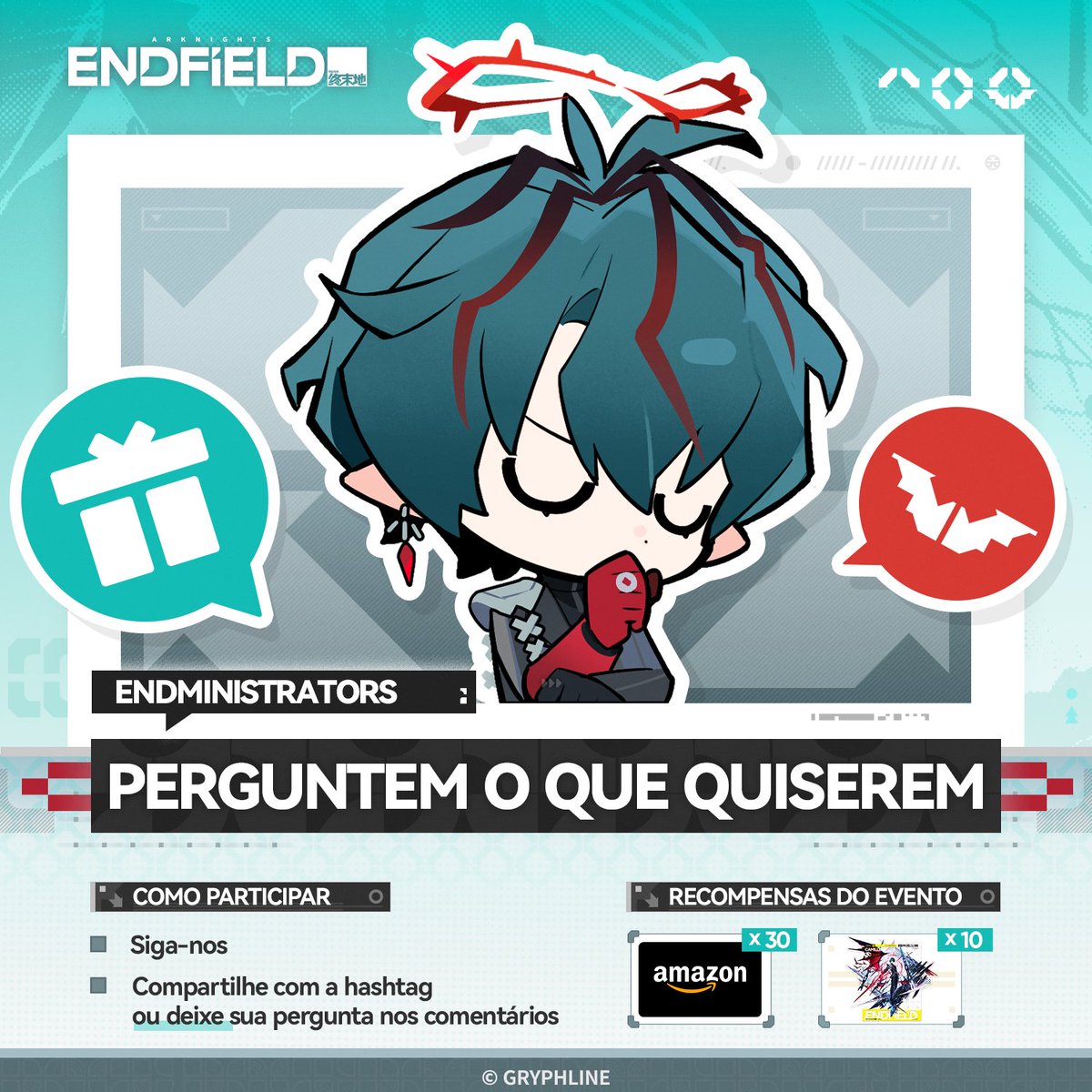 AKEndfieldBR's tweet photo. 🎁Boas-vindas ao evento especial Ask Me Anything de Endfield, Endministrator.

Este é um evento de perguntas e respostas para todos os Endministrators, com a participação de diferentes operadores de vez em quando. Você pode fazer perguntas a eles.

Nosso convidado desta sessão é o Camille Arno, um Guardião de Seš'qa. Seus pais eram membros da expedição científica conjunta de Terra. Ele próprio nasceu e cresceu em Seš'qa. No entanto, devido às exigências de seu trabalho e às experiências do passado, Camille vive fora da cidade flutuante há muitos anos.

"Pergunte qualquer coisa, Endministrator, seja sobre Seš'qa, minha carreira... Você quer saber dos meus parentes?"

Reposte este post com as hashtags #EndfieldAMA e #ArknightsEndfield ou escreva suas perguntas para Camille nos comentários. Vamos selecionar algumas das perguntas para ele responder em um post de perguntas e respostas.

Escolheremos 30 vencedores de forma aleatória entre todos os Endministrators que participarem para receber um vale-presente da Amazon de US$ 20. Se suas perguntas forem escolhidas, você também receberá um Arknights: Endfield — boneco de acrílico de personagem (Camille).

▼// Período do evento
29 de junho de 2026 – 6 de julho de 2026 (UTC+8)

▼// Regras do evento
https://t.co/NLCzsFs1ke

#ArknightsEndfield #EndfieldAMA
