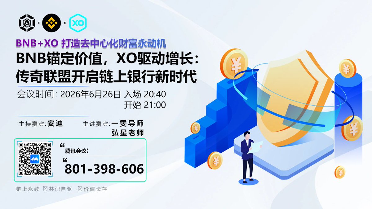 fuliang520's tweet photo. 📢传奇联盟全球会议通知📘课程主题: 💡《BNB锚定价值，XO驱动增长：传奇联盟开启链上银行新时代🧷链上永续 📍共识自驱 ·🔑价值长存
🏦BNB+XO 打造去中心化财富永动机
🆑 🪯┊入场时间┊20:40(𝗨𝗧𝗖+𝟴🔱┊开课时间┊21:00(𝗨𝗧𝗖+𝟴)🔱┊课堂日期┊𝟮6年6月26日🔱┊腾讯会议┊#腾讯会议：801-398-606 https://t.co/61vJqqRoKG